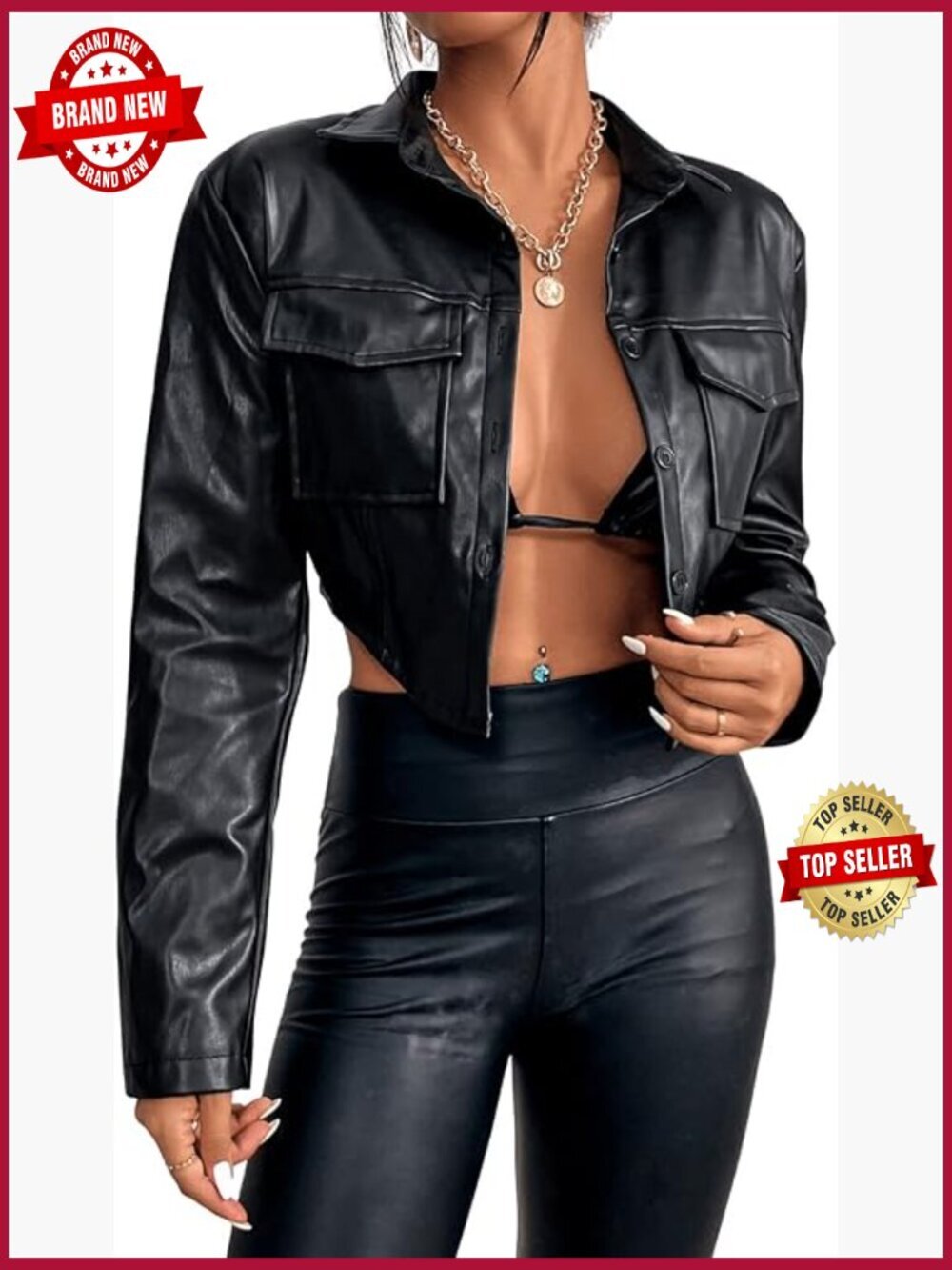 Pu Leather Cropped Coat Casual Button Front Jacket with Bust Pocket